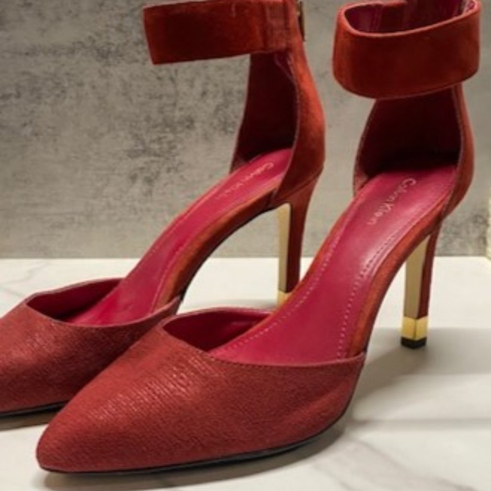 Calvin Klein Suede Women's Pointed Toe Stiletto Crimson Red Ankle Strap 8.5M